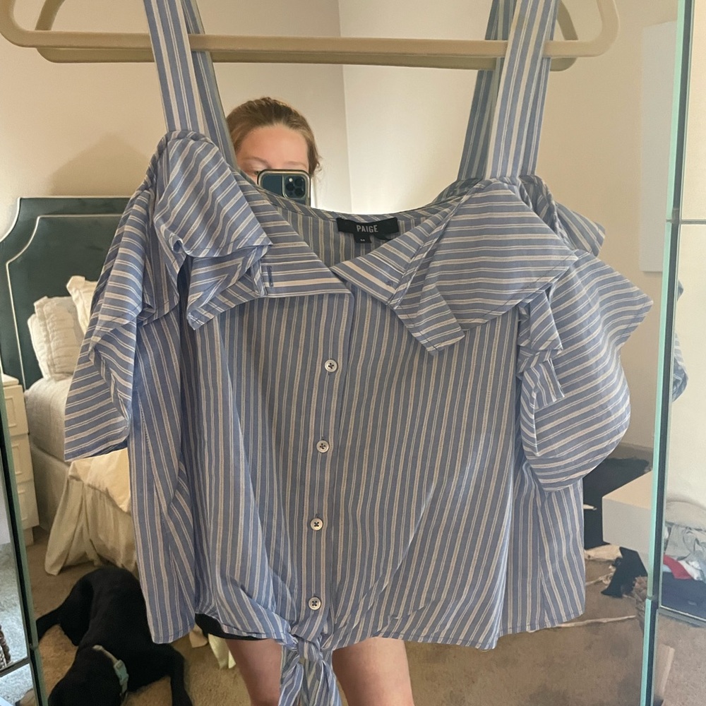 Paige striped off the shoulder button down